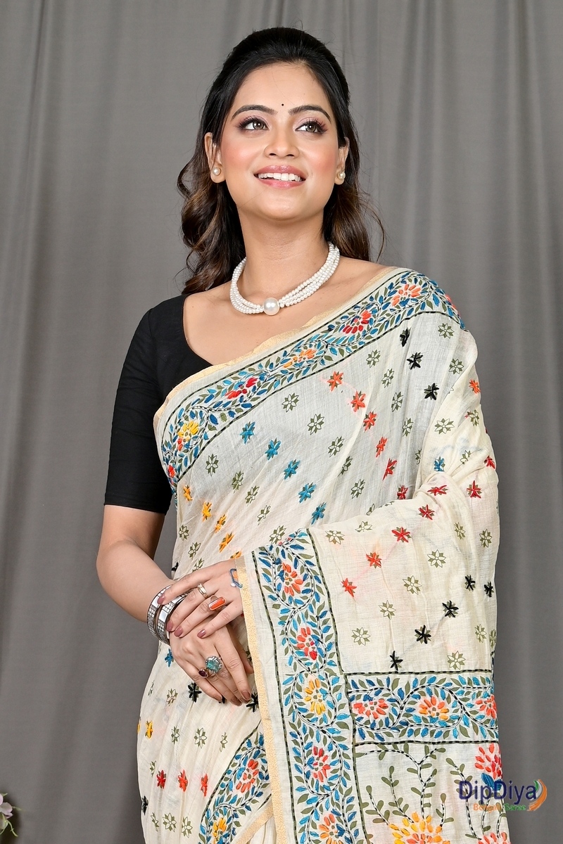 White Cotton Varitikath Kantha Stitch Saree (599)
